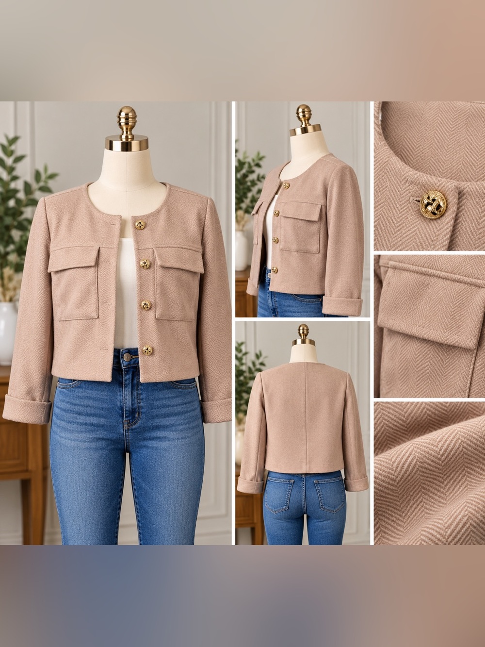 NWT Carole Wren Herringbone Cropped Jacket Gold Buttons Size L